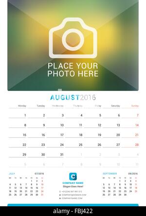 August 2016. Wall Monthly Calendar for 2016 Year. Vector Design Print Template with Place for Photo. Week Starts Monday. 3 Month Stock Vector