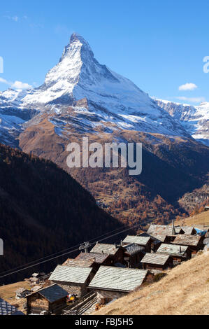 The Matterhorn and the Small Village of Findeln above Zermatt, Valais, Switzerland Stock Photo