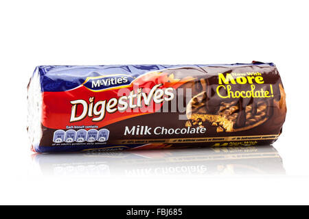 A packet of McVitie's milk chocolate Digestive biscuits  on a white background. Stock Photo