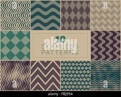 Set of Ten Vector Seamless Hand Drawn Rough Engraving Line LinoCut Patterns In Green and Grey Colors Stock Vector