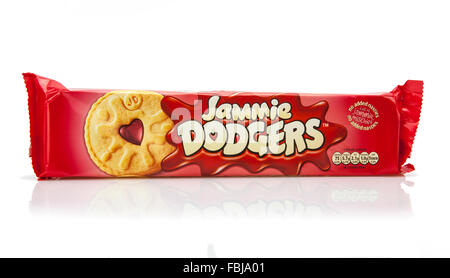 Jammie Dodgers are a popular British biscuit, made from shortbread with a raspberry flavoured jam filling Stock Photo