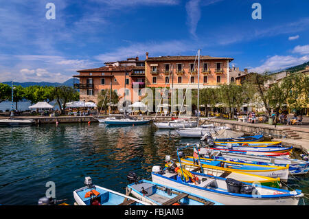 Italy, Veneto, Lake Garda, Torri del Benaco, harbour, Albergo Gardesana Stock Photo