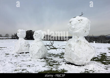Epsom Downs, Surrey, UK. 17th January 2016. The happy snowmen. Overnight snowfall left a blanket of white across Epsom Downs which remained throughout the day. As part of the North Downs in Surrey, Epsom Downs is at a slightly higher elevation than the surrounding area and often has a covering when the nearby town is snow free. Stock Photo