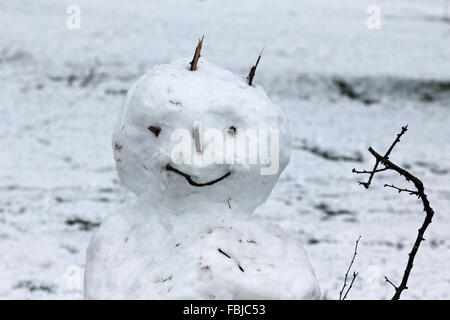 Epsom Downs, Surrey, UK. 17th January 2016. The happy snowman. Overnight snowfall left a blanket of white across Epsom Downs which remained throughout the day. As part of the North Downs in Surrey, Epsom Downs is at a slightly higher elevation than the surrounding area and often has a covering when the nearby town is snow free. Stock Photo