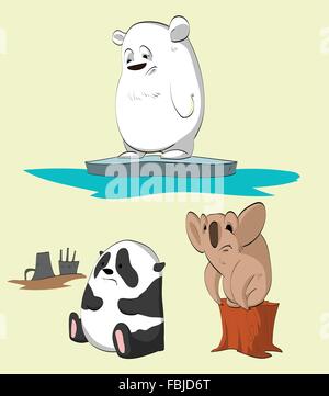 Set of animals losing their homes. Polar bear, panda and a koala. Stock Vector