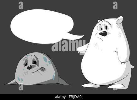 Cartoon illustrations of sad polar bear and a seal plus a comic text bubble. Stock Vector