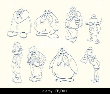 Set of line art drawings of polar expedition characters. Stock Vector