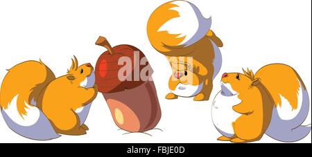 Cartoon illustration of three squirrels surrounding a giant nut. Stock Vector