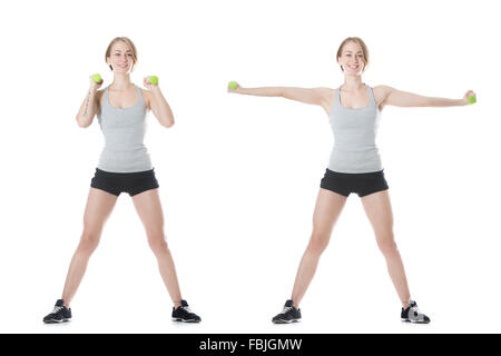 Portrait of young slim cheerful attractive woman doing dumbbell workout, full length isolated studio image on white background Stock Photo