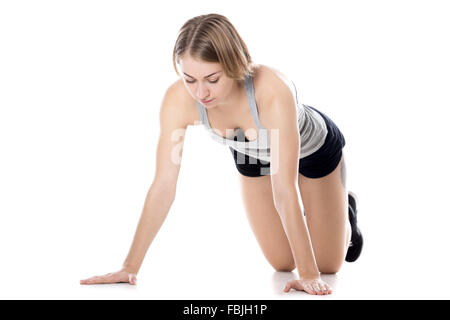 Portrait of young slim beautiful woman doing fitness exercises on mat, warming up, preparation for push-ups, table pose Stock Photo