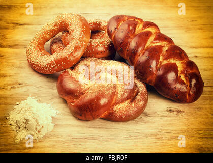 set bread on wooden table Stock Photo