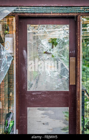 A smashed glass window pane in a wooden door. Stock Photo