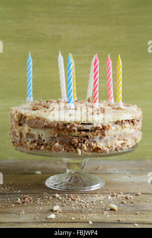 birthday cake with candles, food close-up Stock Photo