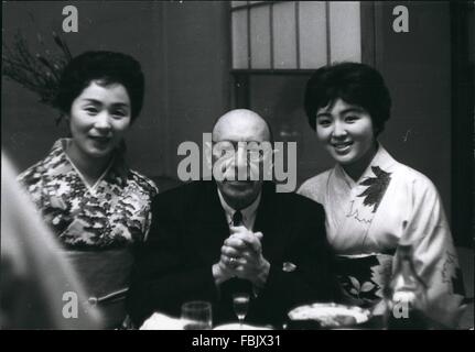 1962 - Igor Stravinsky with the Geishas. Igor Stravinsky, the celebrated composer and conductor who is at present in Japan to direct the N.H.K. T.V. and Radio Symphony Orchestra for the Osaka International Festival is seen at a Geisha party given in his and Mrs. Stravinsky's honour at a Tokyo Geisha House. Photo shows igor Stravinsky with two charming Geshas during their Japanese dinner. © Keystone Pictures USA/ZUMAPRESS.com/Alamy Live News Stock Photo
