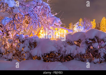 yard in winter with snow lighted by christmas lights with hedge in front Stock Photo