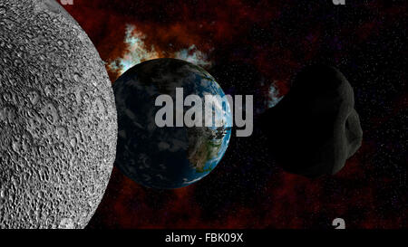 Large Asteroid passing the moon and approaching Earth. Elements of this image furnished by NASA. Stock Photo