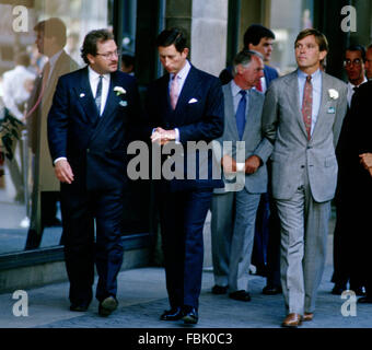 Oak Brook, Illinois, USA, 5th September, 9-05-1986 Charles, Prince of Wales tours Marshall Fields department store today during his visit to Chicago. He took part in a demonstration of whiskey blending using various Irish blends.  Credit: Mark Reinstein Stock Photo