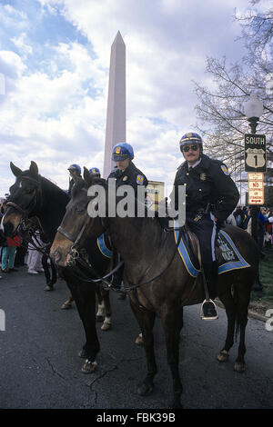 Washington, DC., USA,6th November, 1990 U.S. Park Police horse mounted officers at Pro-Choice Rally. The United States Park Police Horse Mounted Unit is one of the oldest established police equestrian units in the United States. Established in 1934 with one horse that was rented from a local stable. However, as the value of the mounted unit was proven it was expanded to an operational strength  that patrols and provides protection in the Washington Metropolitan Area as well as New York and San Francisco. Stock Photo