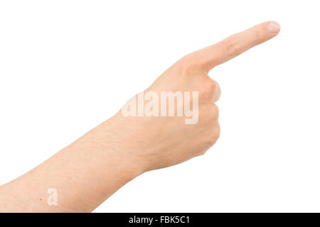 Close-up of male hand pointing on white background, Isolated. Stock Photo