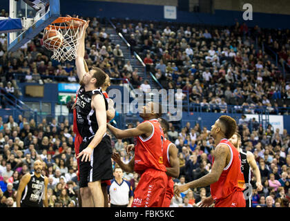 Birmingham, UK, 17th January, 2016. Newcastle Eagles vs Leicester Riders in the  BBL Cup Final 2016 at the Barclaycard Arena. Newcastle Eagles win 94-82. Eagles score. copyright Carol Moir/Alamy Live News. Stock Photo