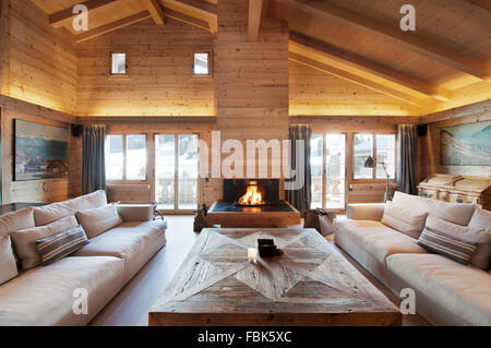 Chalet; Gstaad; Livingroom; Interiors; Switzerland; Architecture; wood; alpine; skiing resort; interior design; design; Stock Photo