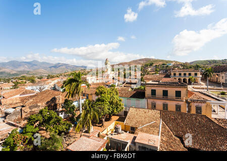 Panoramic rooftop view over Trinidad, Cuba with Iglesia Parroquial de la Santísima (Church of the Holy Trinity) bell tower Stock Photo