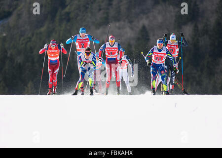 Planica, Slovenia. 17th Jan, 2016. Athletes compete in the FIS Cross-Country World Cup Men's Team Sprint competition final in Planica, Slovenia, on Jan. 17, 2016. The new Nordic Center Planica, home of the largest ski jump in the world and the famous annual venue of the ski jumping finals, hosted its first ever FIS Cross-Country World Cup competition this weekend. Sweden won in ladies' team sprint, and Italy won in men's competition. Credit:  Luka Dakskobler/Xinhua/Alamy Live News Stock Photo