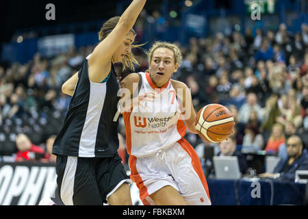 Birmingham, UK, 17th January, 2016. the  WBBL Trophy Final 2016 at the Barclaycard Arena. Hatters' Georgia Gayle with the ball. Sheffield Hatters defeat Barking Abbey Crusaders 79-45. copyright Carol Moir/Alamy Live News. Stock Photo