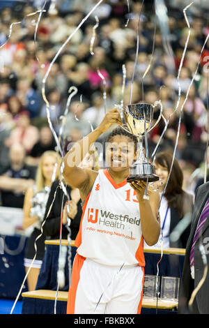 Birmingham, UK, 17th January, 2016. the  WBBL Trophy Final 2016 at the Barclaycard Arena. Hatters' Stephanie Gandy with the cup. Sheffield Hatters defeat Barking Abbey Crusaders 79-45. copyright Carol Moir/Alamy Live News. Stock Photo