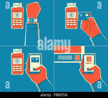NFC technology using. Contactless payment using smartphone, smartwatch. NFC tag using. Retro style illustration. Layered file. Stock Vector
