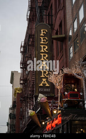 The famous Ferrara Bakery and Cafe in Little Italy, New York City, with a Christmas display. Stock Photo