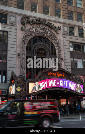 The Paramount Building at 1501 Broadway in Times Square used to house the Paramount Theater, now Hard Rock Cafe and offices. Stock Photo