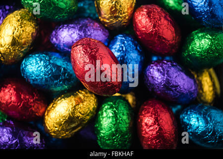 Red, green, purple and blue easter eggs a close up Stock Photo