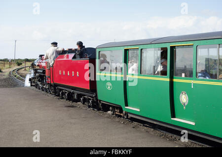 England, Kent, Dungeness. The miniature steam locomotive, 'Winston Churchill' prepares to leave the station Stock Photo