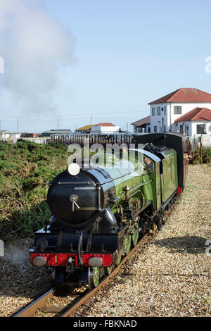 England, Kent, Dungeness. The miniature steam locomotive, 'Green Goddess' on the Romney Hythe and Dymchurch railway. Stock Photo