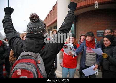 London, UK. 18th January, 2016. Campaigners against Heathrow expansion outside the court hearing in Willesden for 13 Plane Stupid activists who occupied the north runway of Heathrow airport. Credit:  Mark Kerrison/Alamy Live News Stock Photo