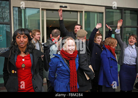 London, UK. 18th January, 2016. Plane Stupid activists wave to friends and supporters outside the court hearing in Willesden. Credit:  Mark Kerrison/Alamy Live News Stock Photo