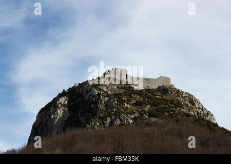 Castle Mont Segur - in the southwest of Carcassonne, Montségur dominates a rock formation Stock Photo