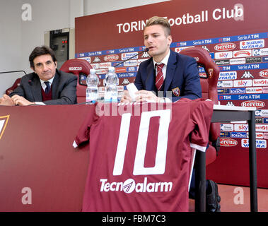 Turin, Italy. 18th Jan, 2016. Urbano Cairo (left) and Ciro Immobile (right) during the press conference for the arrival of Ciro Immobile at Torino FC from Sevilla FC. Credit:  Nicolò Campo/Pacific Press/Alamy Live News Stock Photo