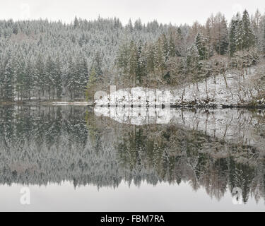 Loch Ard winter reflections after snowfall - a light dusting of snow and still water creating stunningly detailed reflections Stock Photo