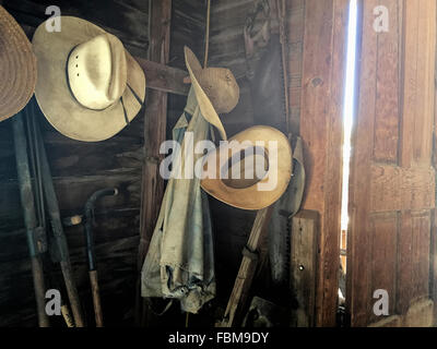 Old gardening hats and tools hanging on a barn wall Stock Photo