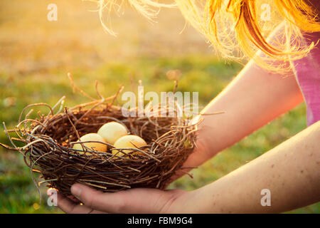 Girl holding bird's nest filled with eggs Stock Photo