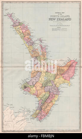 Large map of NORTH ISLAND, NEW ZEALAND showing counties. GARRAN, 1888 Stock Photo