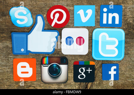 Kiev, Ukraine - April 15, 2015:Collection of popular social media logos printed on paper:Facebook, Twitter, Google Plus, etc. Stock Photo