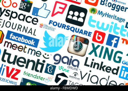 Kiev, Ukraine - May 20, 2015:Collection of popular social media logos printed on white paper:Facebook, Twitter, Google Plus, etc Stock Photo