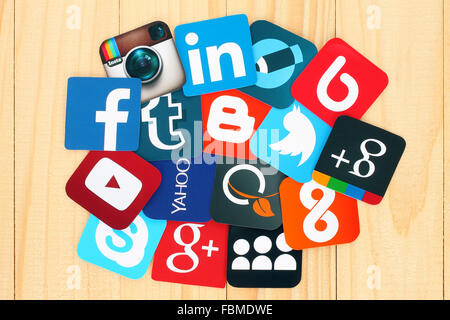 Kiev, Ukraine - July 01, 2015: Famous social media icons such as: Facebook, Twitter, Blogger, Linkedin, Tumblr, Myspace and othe Stock Photo
