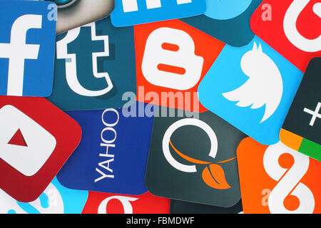Kiev, Ukraine - July 01, 2015: Background of famous social media icons such as: Facebook, Twitter, Blogger, Linkedin, Tumblr, My Stock Photo