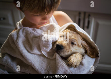 Boy hugging wet  golden retriever puppy dog in a towel Stock Photo