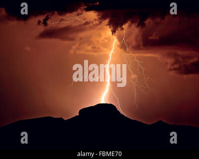 Lightning Strike on Woolsey Peak, Gil Bend mountains, Arizona, United States Stock Photo