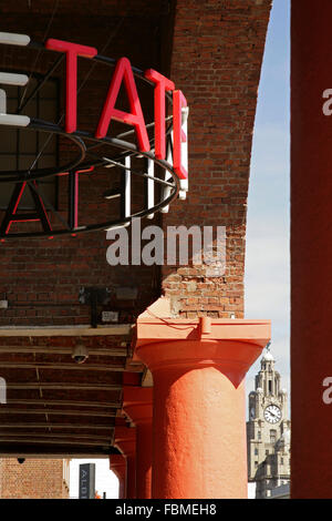 Tate Liverpool art gallery, Albert Dock, Liverpool looking towards the Liver Building. Stock Photo